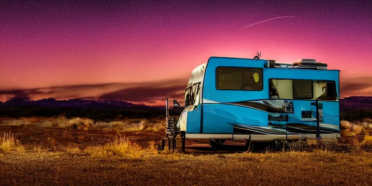Image similar to photo still of the rv from the tv show breaking bad, cinematic-shot, night lighting, night skies, 4k