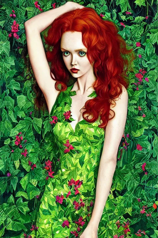Image similar to full body portrait of lily cole as poison ivy, wearing a green dress and floral growths, epic details by alex ross