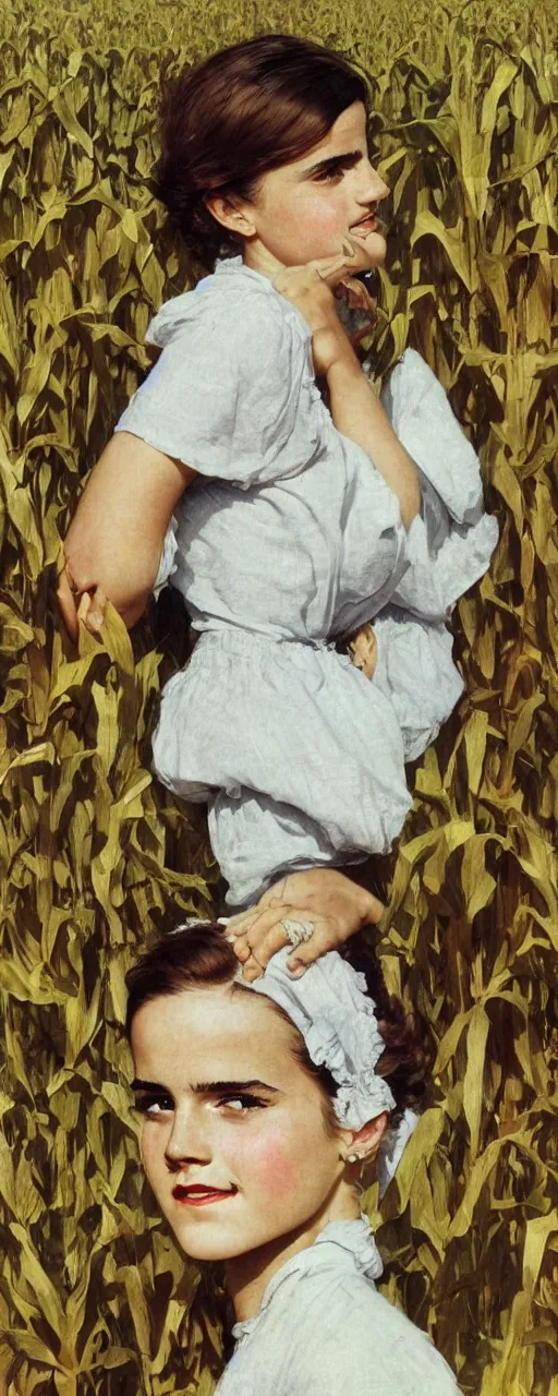 Image similar to photo photorealistic medium shot head and chest portrait photograph Emma Watson picnic in a corn field 1950s portrait by Norman Rockwell