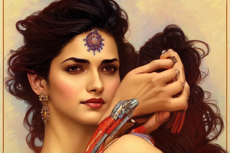 Image similar to sensual pale beautiful indian doctor in jeans, art deco portrait, elegant, intricate, digital painting, artstation, concept art, smooth, sharp focus, illustration, art by artgerm and greg rutkowski and alphonse mucha