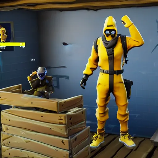 Prompt: screenshot of me playing fortnite using as walter white in his yellow hazmat suit, 3 d avatar, third person view, fortnite