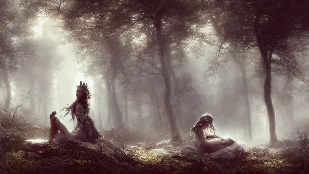 Image similar to elven princess sitting alone, far away, in the melancholy forest. andreas achenbach, artgerm, mikko lagerstedt, zack snyder, tokujin yoshioka