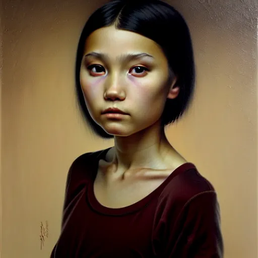 Image similar to beautiful portrait of a kazakh, ( emo ) girl, by casey baugh,, vladimir kush, yasunari ikenaga, yasar vurdem, william oxer