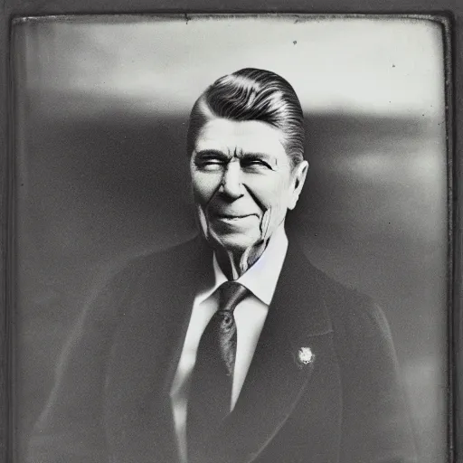 Prompt: a daguerreotype of ronald reagan rising from the ocean