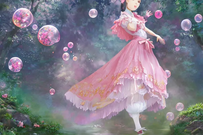 Prompt: portrait of magical lolita girl in a Japanese garden, dreamy and ethereal, expressive pose, big pink eyes, peaceful expression, ornate frilly dress, fantasy, intricate, elegant, many rainbow bubbles, rose tones, dynamic lighting, highly detailed, 8k, digital painting, artstation, concept art, smooth, sharp focus, illustration, art by artgerm and greg rutkowski and alphonse mucha