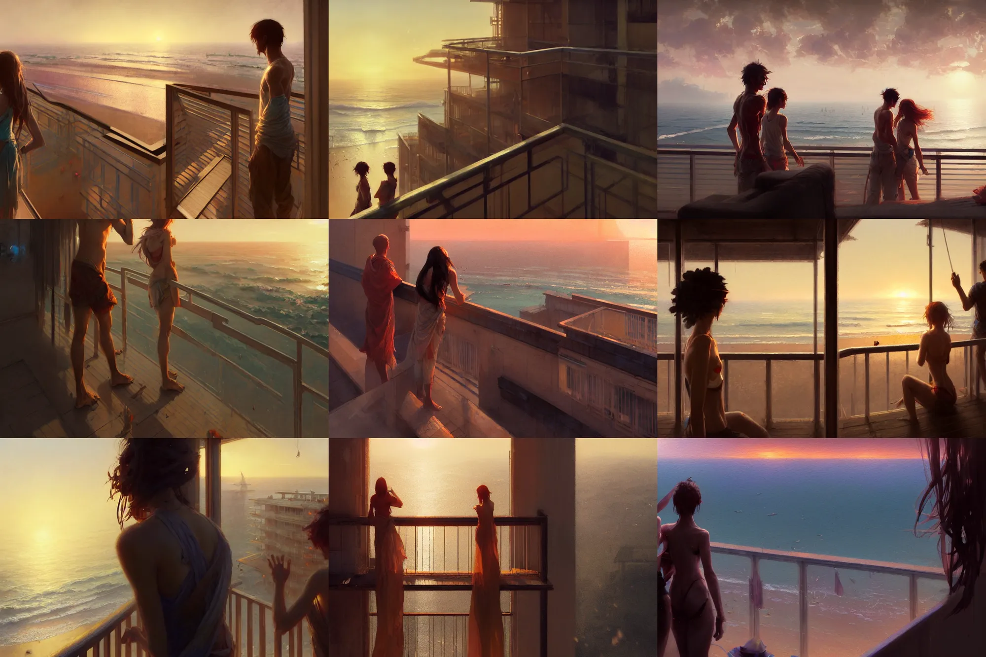 Prompt: close - up of two people standing on a balcony overlooking a beach at sunset, highly detailed, magical, digital painting, concept art, matte, art by ruan jia and wlop and greg rutkowski and makoto shinkai, masterpiece