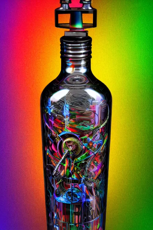 Image similar to photo of a rainbow colored filigran steampunk bottle, band merchandise, bandname is tripmachine, realistic digital art, label on the bottle is printed with a 3 d render of a huge futuristic steampunk generator, 8 k, fluorescent colors, halluzinogenic, multicolored, exaggerated detailed, unreal engine