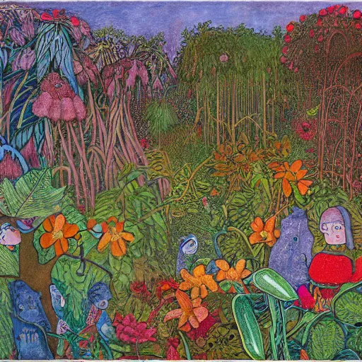 Prompt: jungle scene, leaves, vines, flowers, intricate details, volumetric lighting, vivid colors, panorama, Artwork by Elsa Beskow