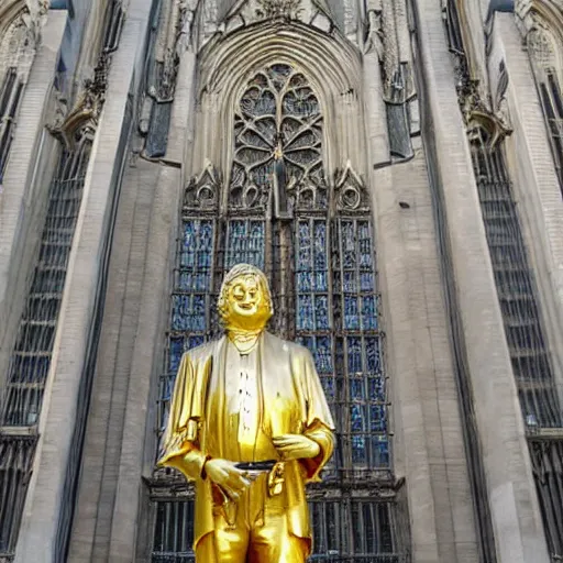 Image similar to a golden statue of bach standing infront of a german cathedral.