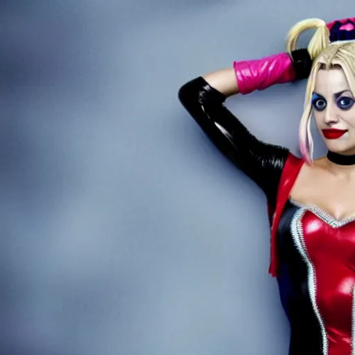 Image similar to A still of Kaley Cuoco as Harley Quinn