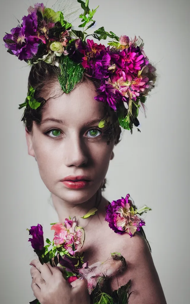 Prompt: flower adornment, creative studio portrait photography with wildly experimental and interesting lighting