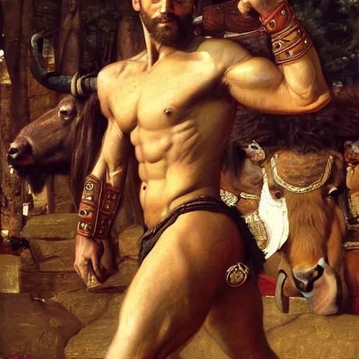 Image similar to Minotaur. Muscular warrior with the head of a Bison (buffalo). Orientalist portrait by john william waterhouse and Edwin Longsden Long and Theodore Ralli and Nasreddine Dinet, oil on canvas. Cinematic, hyper realism, dramatic lighting, high detail 4k