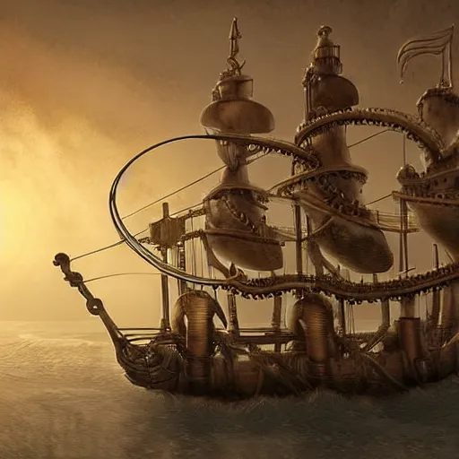 Image similar to A steampunk ship that looks like an octopus, digital art, hyperrealistic, epic, dramatic lighting