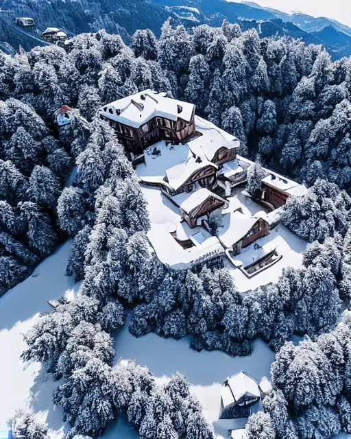 Image similar to hidden mansion in the alps with snow covered roof that was recently set on fire, zoomed out, shot from drone, iphone capture