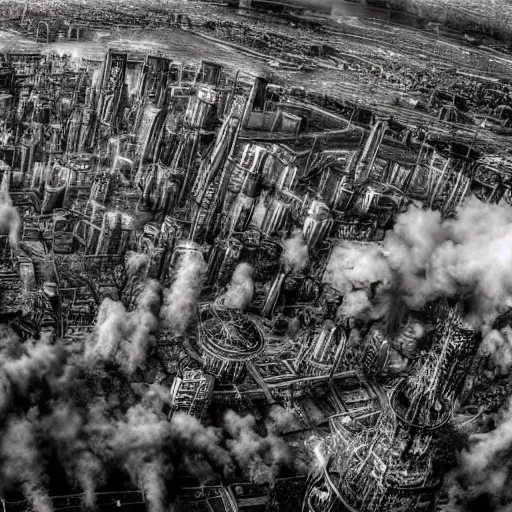 Image similar to steampunk city skylines engulfed in flames, huge fires, explosions everywhere, bird's eye view, cinematic, very detailed, black and white photograph