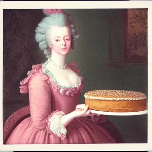 Image similar to a Polaroid of Marie Antoinette eating cake at Versailles Palace 1792, photorealistic