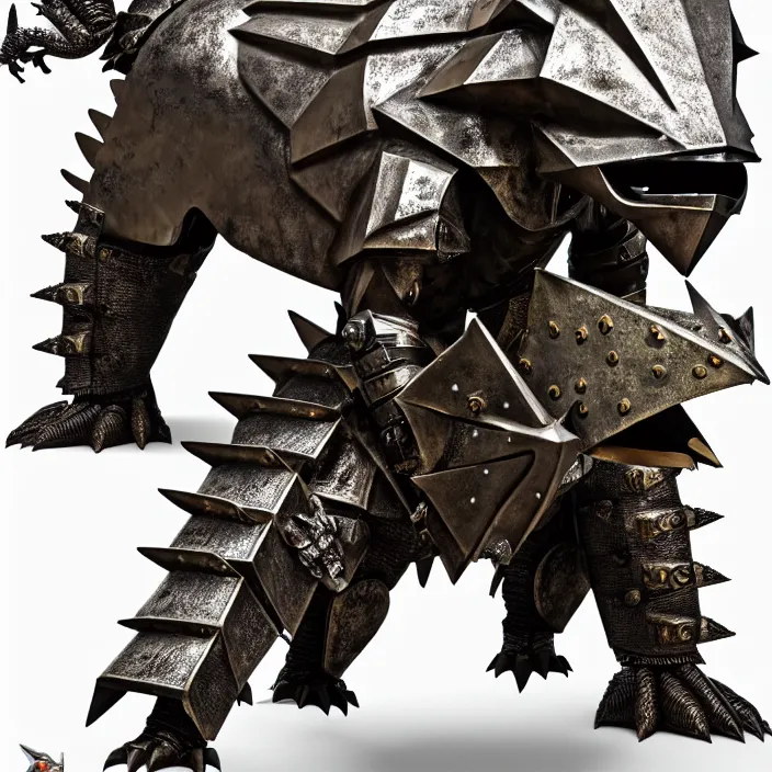 Prompt: photo of a warrior with metal stegosaurus themed armour and helmet, highly detailed, 4 k, hdr, smooth, sharp focus, high resolution, award - winning photo