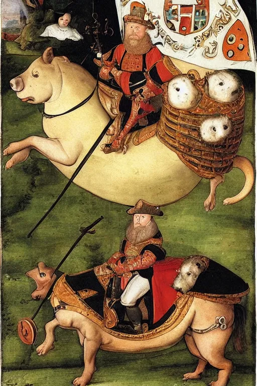 Image similar to Henry VIII riding a giant hamster into battle, water color, painted by Cornelis Anthonisz, 16th century,