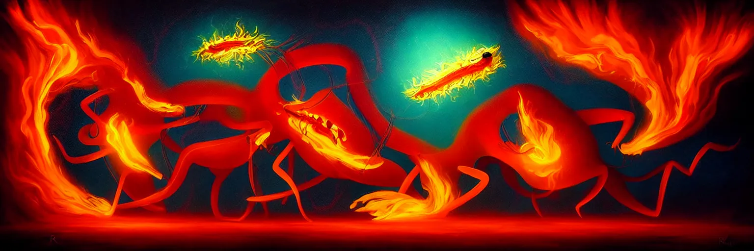 Image similar to whimsical surreal fiery plankton creatures, surreal dark uncanny painting by ronny khalil