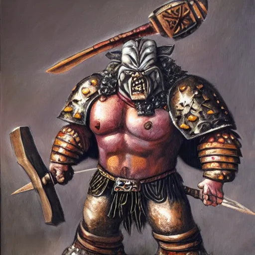 Image similar to ogre warrior wearing plated armor who is holding a battle axe in the style of warhammer fantasy : : head and torso oil painting