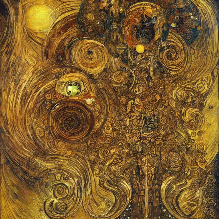 Prompt: Divine Chaos Engine by Karol Bak, Jean Deville, Gustav Klimt, and Vincent Van Gogh, celestial, visionary, sacred fractal structures, ornate gilded medieval icon, spirals