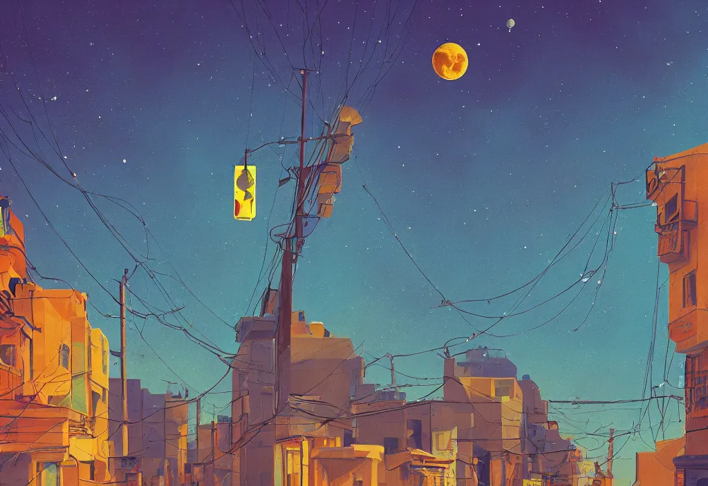 Image similar to accidentally wes anderson award - winning photograph of a lunar cosmic city, iranian street, art by greg rutkowsky, trending on artstation, cinematic lighting, filmic grain, golden hour, detailed, 4 k