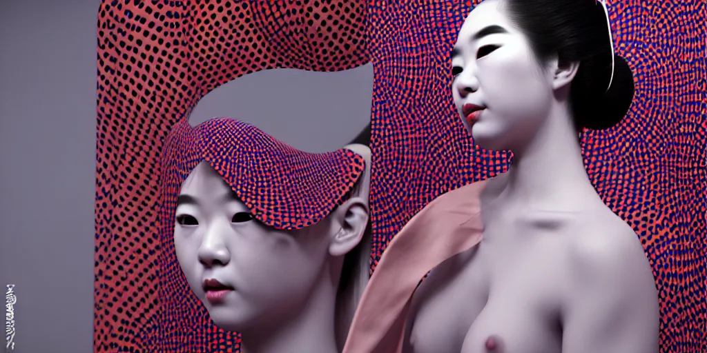 Image similar to hyperrealistic detailed image of a geisha in a art installation room, hd smooth interior by yayoi kusama, part by kei mieno, part by ross tran, dark art by james jean, ultra realistic, highly detailed, life like face, detailed body, 8 k, 3 d render by roger magrini, masterpiece