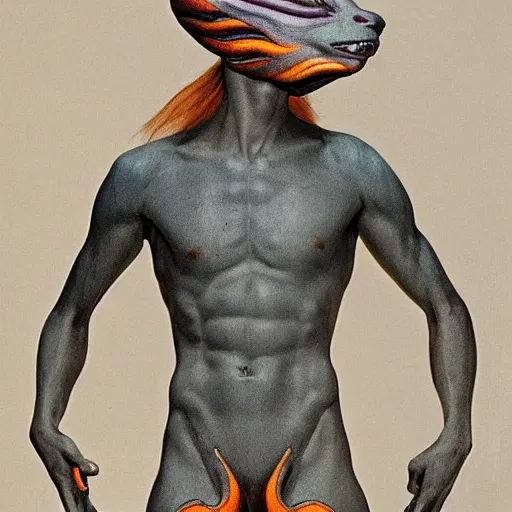 Image similar to an slim athletic beautiful male alien with ombre colored skin wearing a futuristic kitsune mask, painted by michelangelo for the vatican