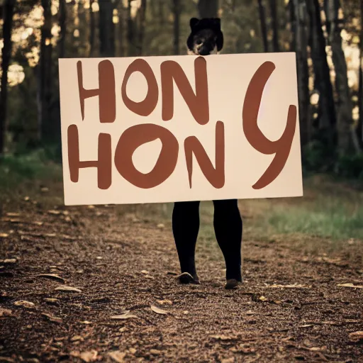 Image similar to bear holding a sign that says honey, 5 0 mm lens, bokeh, good lighting