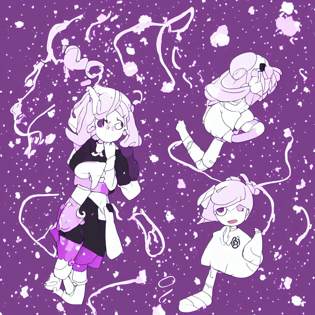 Prompt: a girl with dark purple sking with whitish pink spots, white hair, and a white and purple uniform, anime, in the style oof bee and puppycat and steven universe, digital art, fantasy and kawaii aesthetic art