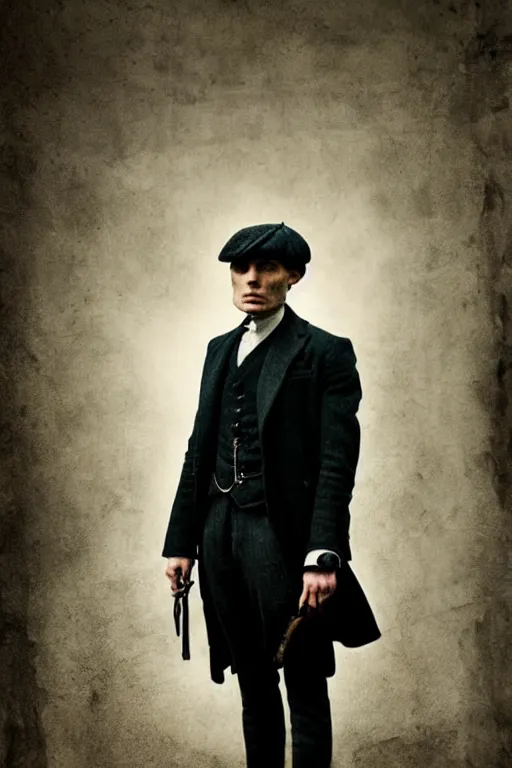 Prompt: Full-body portrait of Cillian Murphy in Peaky Blinders standing, arms crossed on chest, dramatic, gloomy, dark, bleak, cheerless, desolate, impressive, tragic, cinematic, dull colors, old damaged photo
