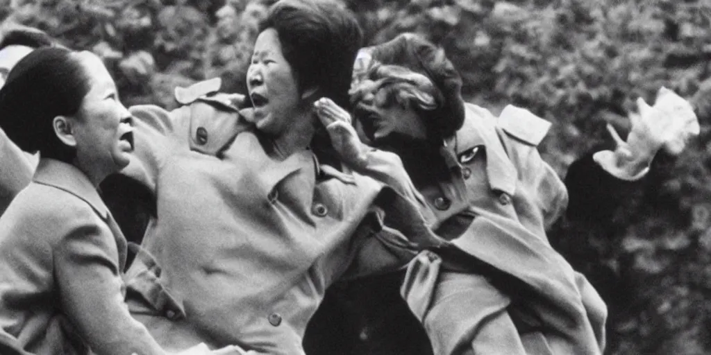 Image similar to a photo of mao zedong fighting with margaret thatcher, photorealistic, dramatic