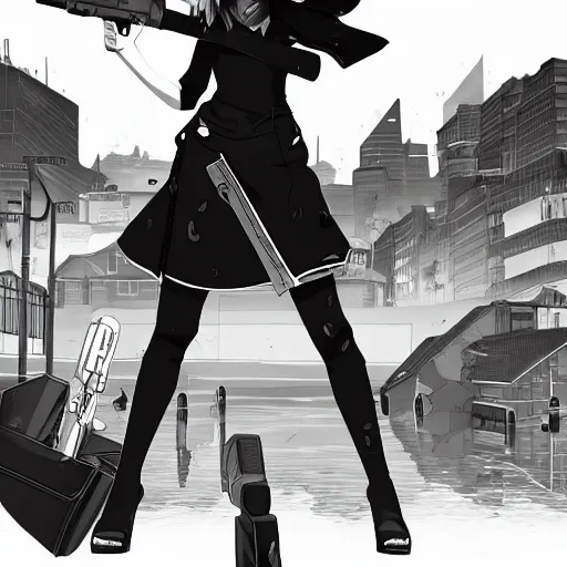 Image similar to woman standing holding large gun in cityscape, flooding, manga style, rwby, shonin jump, black and white, line art