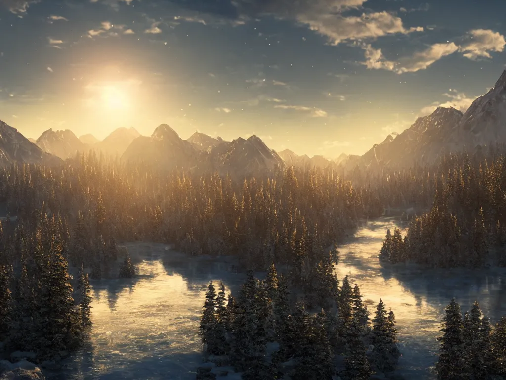 Image similar to epic crystalline taiga with a river, golden hour, distant mountains, atmospheric perspective, cinematic, 3 5 mm lens, photographic, octane render, cinematography by roger deakins, in the style of ansel adams