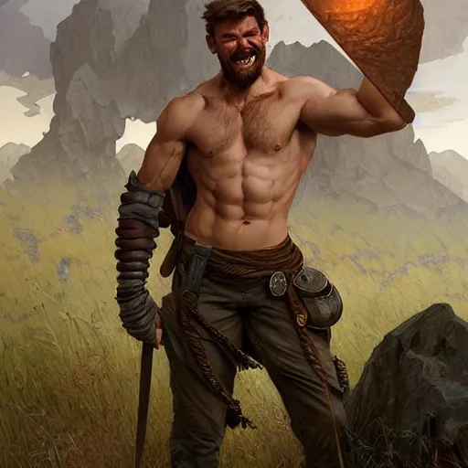 Image similar to Rugged male ranger laughing with his friends, relaxed, D&D, muscular, upper body, fantasy, intricate, elegant, highly detailed, digital painting, artstation, concept art, smooth, sharp focus, illustration, art by artgerm and greg rutkowski and alphonse mucha