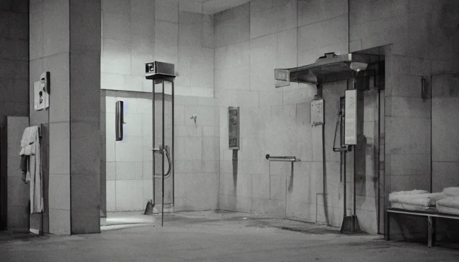 Prompt: 60s movie still of empty public shower, cinestill 800t 50mm eastmancolor, liminal Space style, heavy grain-s 150