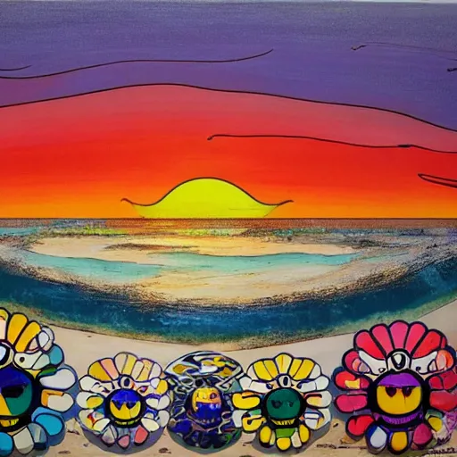 Prompt: sunset at the beach by takashi murakami