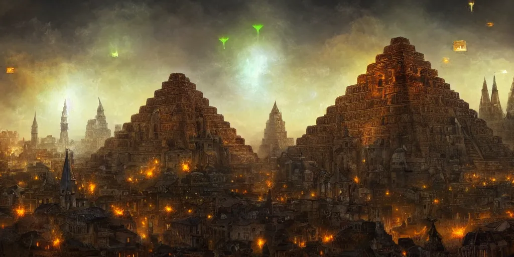 Image similar to magical city of the Great Tartarian Empire adorned with amazing lost technology, lighting resembling fireflies, spires from rooftops collecting and distributing etheric energy, the centerpiece of the city is a colossal ancient pyramid made of metal, cityscape, combining intense detail & utmost quality, Christian Hecker, Artstation, - H 832