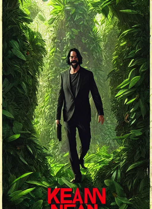 Image similar to highly detailed comedy caper movie poster with silly wacky zany keanu reeves hiding in leaves, keanu reeves face inside a leafy bush by greg rutkowski