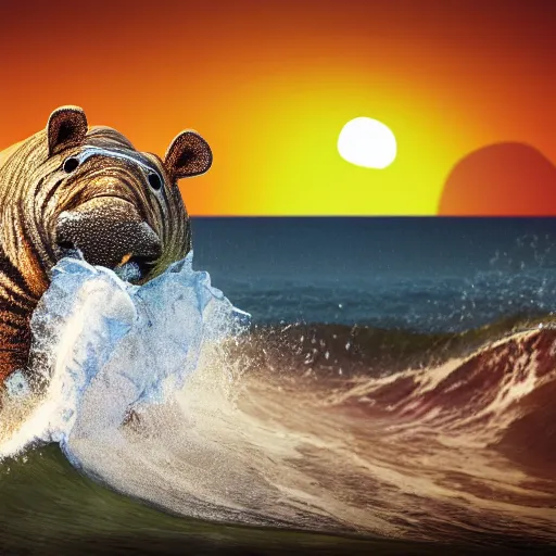 Image similar to a closeup photorealistic photograph of a cute smiling knitted tiger hippopotamus riding an epic wave at sunset. surf in the background. professional capture. brightly lit scene. this 4 k hd image is trending on artstation, featured on behance, well - rendered, extra crisp, features intricate detail, epic composition and the style of unreal engine.