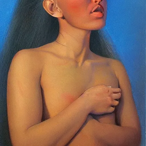 Prompt: A beautiful performance art. She has deeply tanned skin that makes me think of Oort, an almond Asian face and a compact, powerful body. alizarin by John Harris, by John Philip Falter hideous, ghostly