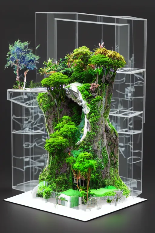 Prompt: 3 d printed physical model organic flowy including more than one city into one vertical building model that sits on a table in a room with a view back, multiple stories, transparent, with vegetation, colorful, eye - level view, 8 0 k, octane render, highly detailed 3 d render,