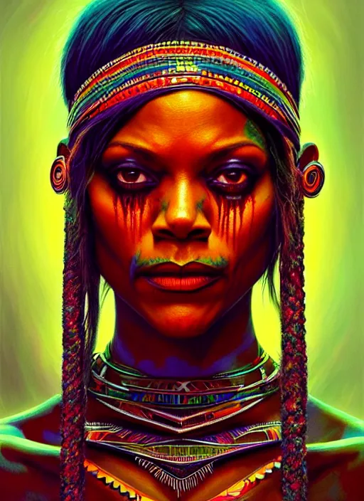 Prompt: portrait of zoe saldana, hyper detailed ultra sharp aztec shaman warrior. trending on artstation, warpaint aesthetic, bloodwave, colorful, psychedelic, ornate, intricate, digital painting, concept art, smooth, sharp focus, illustration, art by artgerm and greg rutkowski and h. r. giger, 8 k