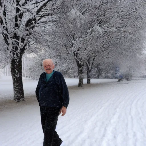 Image similar to a smiling old man covered in snow