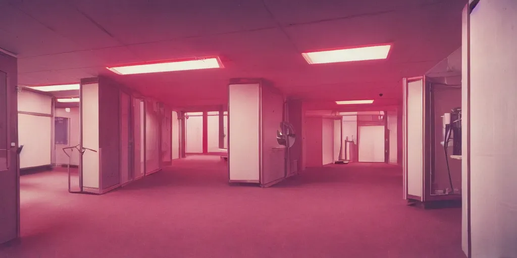 Image similar to noisy color photograph of a retrofuturist liminal space, laboratory, red lights, minimalist, cinematic, soft vintage glow