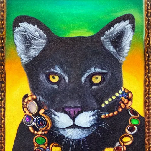 Image similar to a portrait of a humanoid black puma wearing a tank top and a necklace with a glowing stone, painting by Malevitch