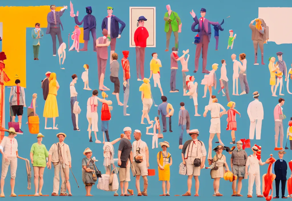 Prompt: full frame, a row of european tourists standing with a variety of poses and props, character designs, a collage painting, in the style of wes anderson, lola dupre, david hockney, isolated on negative white space background dark monochrome neon spraypaint accents volumetric octane render