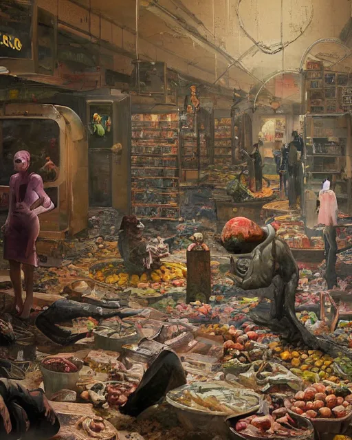 Image similar to a highly detailed cinematic concept art CG render digital painting of spherical people at a decayed grocery store surrounded by dark figures. triadic color scheme, By Greg Rutkowski, in the style of Francis Bacon and Syd Mead and Edward Hopper and Norman Rockwell and Beksinski, open ceiling, highly detailed, painted by Francis Bacon, painted by James Gilleard, surrealism, airbrush, Ilya Kuvshinov, WLOP, Stanley Artgerm, very coherent, art by Takato Yamamoto and James Jean
