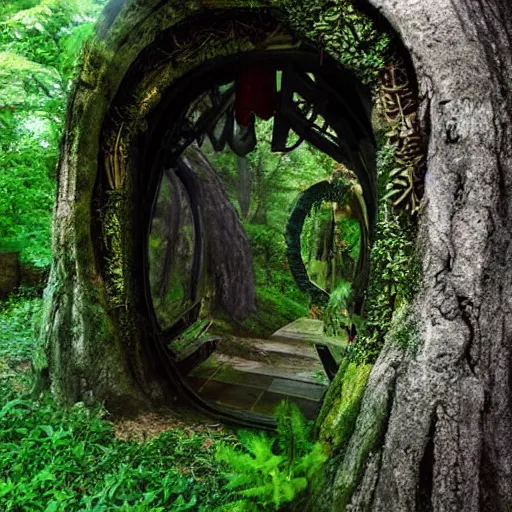 Image similar to portal leading to a fantasy world in a forest in middle earth