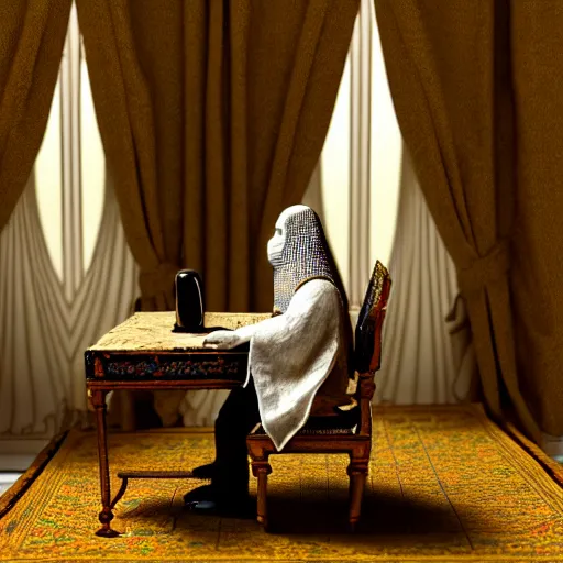 Image similar to An extremely detailed render of a mummy in very old clothes, sitting at his Louis XIV desk, with very old curtains in the room, very old room. The very very very old man has a 1880 phone on his desk. Dust in the air, god rays, raytracing shadows, ambient occlusion, 8K, RTX 3090, trending on artstation, lumens